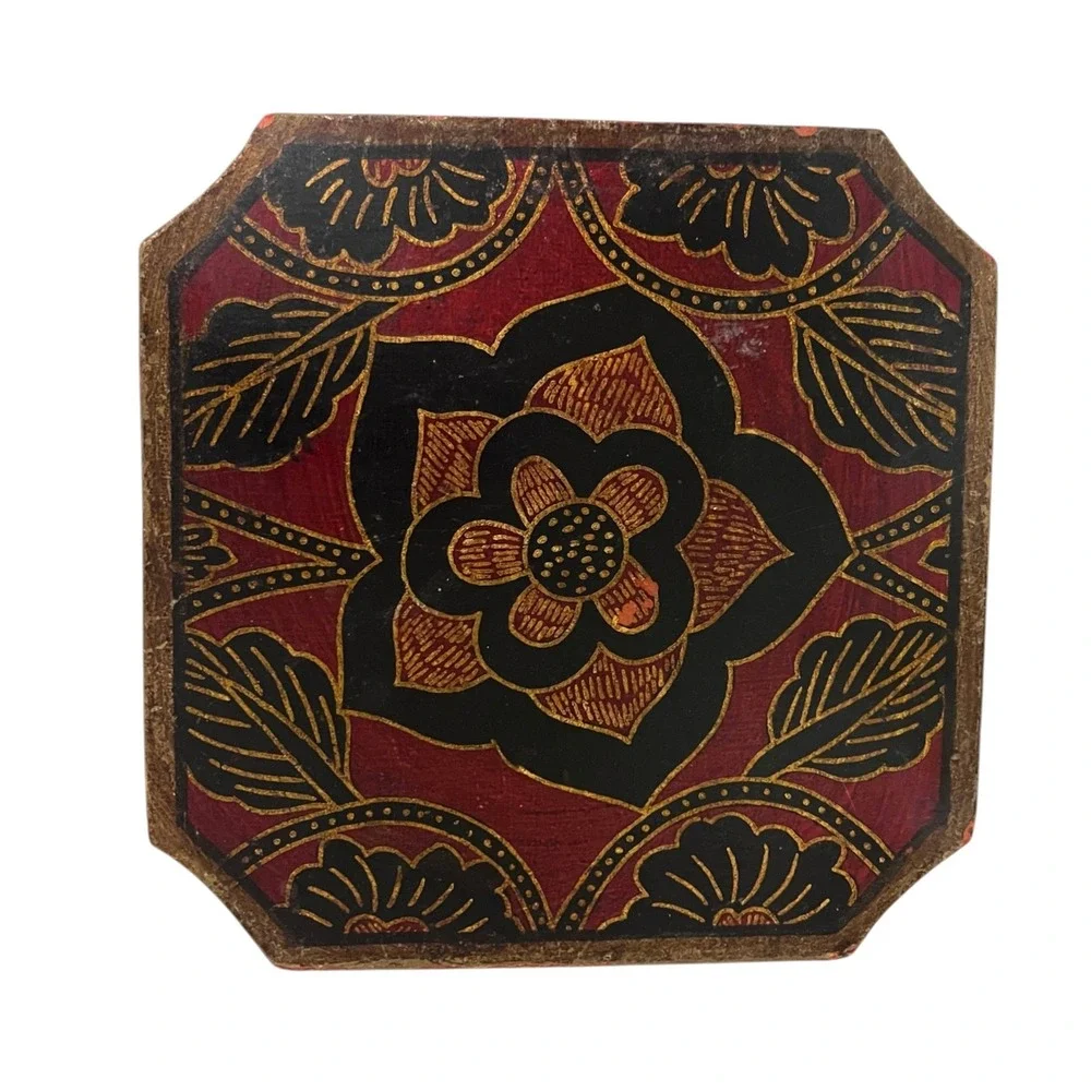 Vintage Hand Painted Wooden Octagonal Jewelry Box Red Black Gold Floral Folk Art